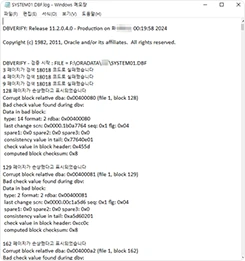 dbv ユーティリティで SYSTEM01.DBF ファイルブロック損傷調査結果